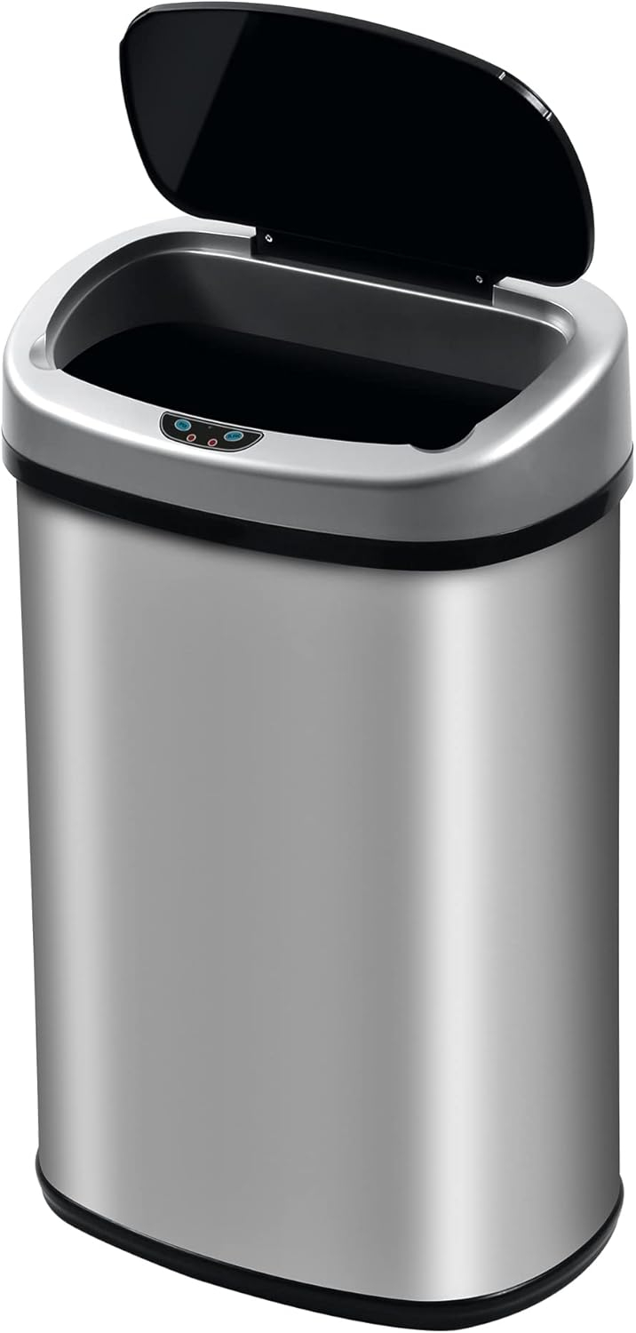 Stainless Steel Kitchen Trash Can - 13 Gallon Automatic Touch Free Garbage Can with Lid, High Capacity Electronic Touchless Sensor Trash Bin, Silver