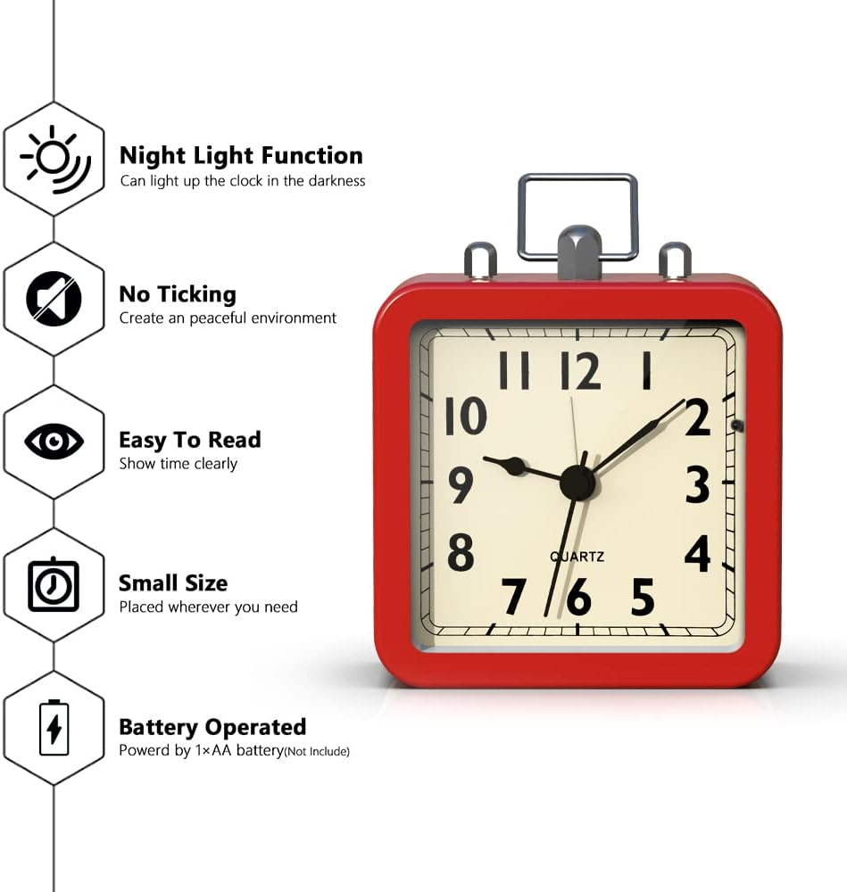 Alarm Clock with Square Metal Case, Non Ticking Battery Operated Small Square Clock for Bedside Desk Table Living Room