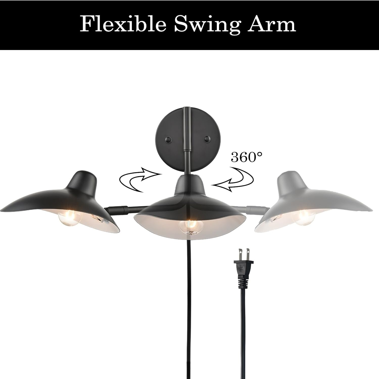Plug in Wall Sconces Set of Two Black Swing Arm Wall Lamp with Plug-in Cord Adjustable Wall Light for Bedroom Living Room Study Room Home Office