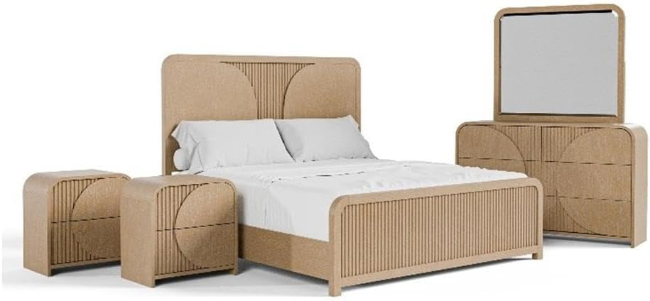 Furniture of America Tissen Modern Solid Wood 5-Piece Queen Bedroom Set with USB Ports, Reeded Panels, Curved Edges and Beveled Mirror, Box Spring Needed, Natural