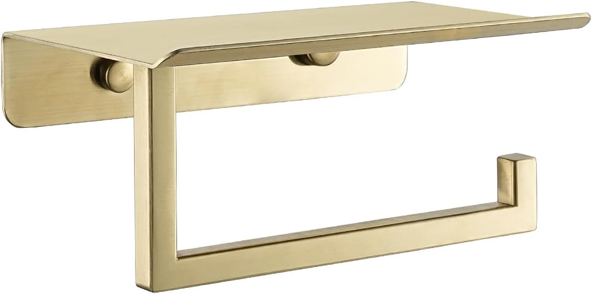 JQK Toilet Paper Holder Shelf, Bathroom Tissue Roll Holder with Phone Shelf, 5 Inch 304 Stainless Steel Tissue Paper Dispenser, Brushed Gold Finished Wall Mount, TPH202-BG