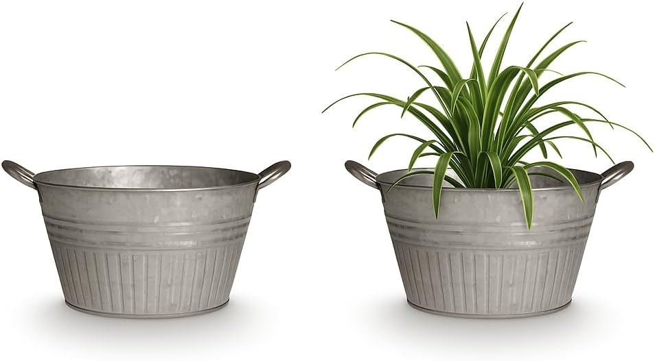 14" Galvanized Silver Round Metal Tub Planter