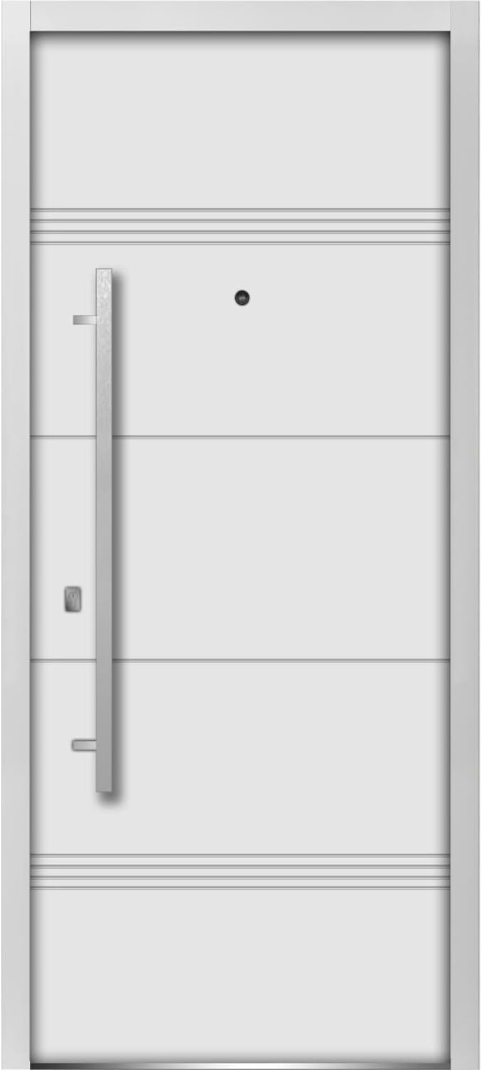 VDOMDOORS Front Exterior Prehung Steel Door 36 x 80 inches Right-Hand/Deux 1705 White Enamel/Horizontal Lines Single Modern Painted