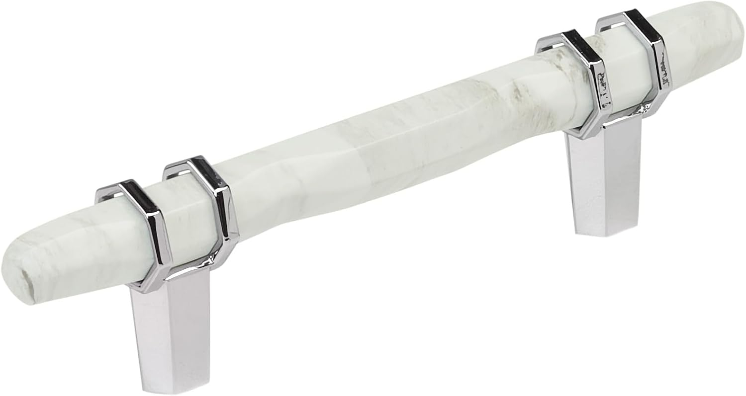 Amerock Carrione 3-3/4 inch (96mm) Center-to-Center Marble White/Polished Chrome Cabinet Pull, BP36648MW26