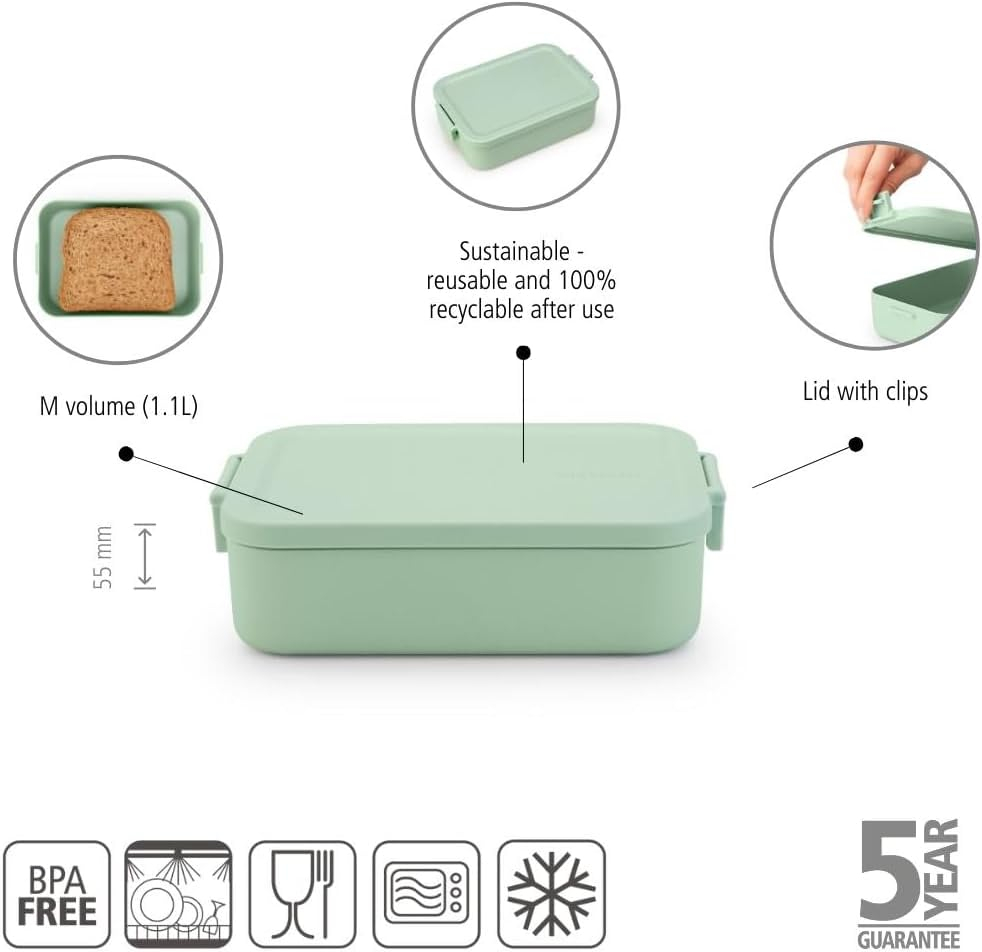 Brabantia Make & Take Medium Lunch Box (Jade Green) BPA-Free, Airtight Snap Locks, Microwave & Freezer Safe, Travel Meal Prep Container