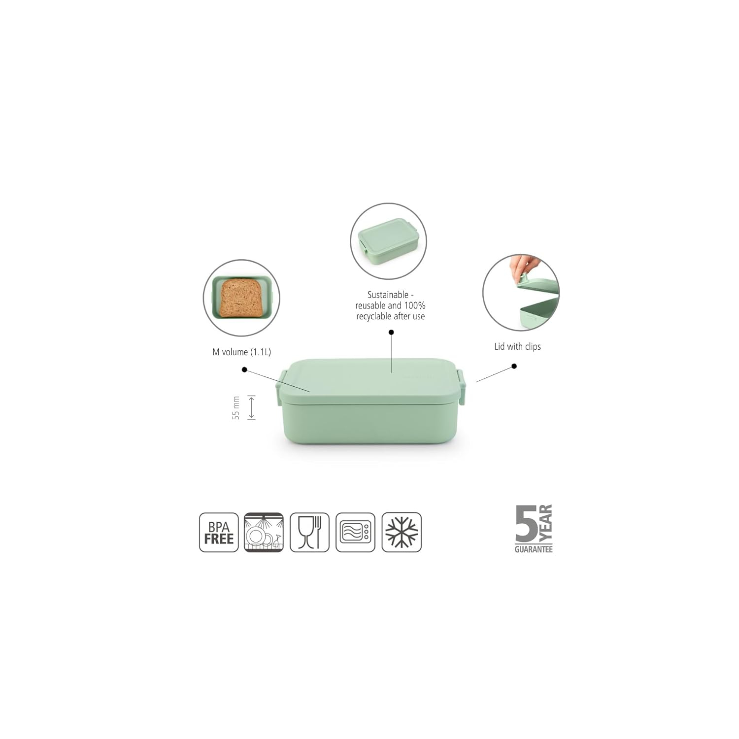 Jade Green BPA-Free Medium Rectangular Lunch Box with Snap Lid