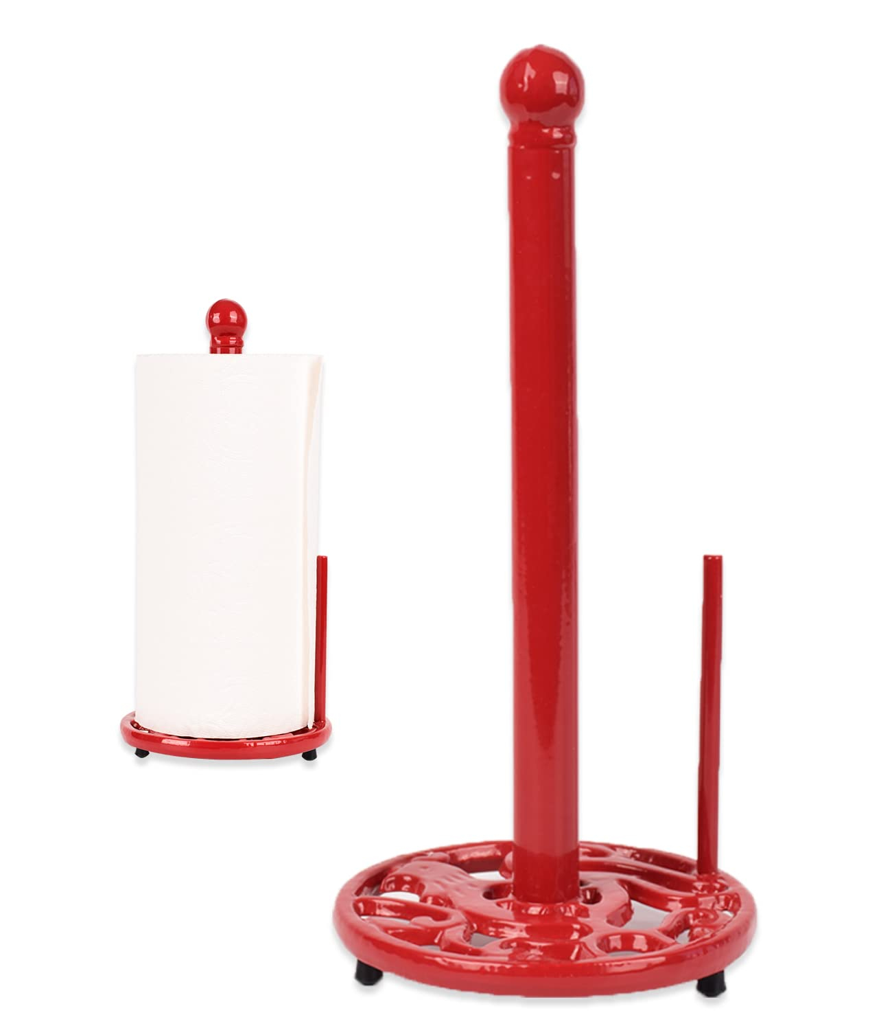 Vintage Paper Towel Holder Countertop - Cast Iron Standing Roll Paper Towel Dispenser with Elegant and Heavy Daffodil Pattern Base for Kitchen Décor, Red