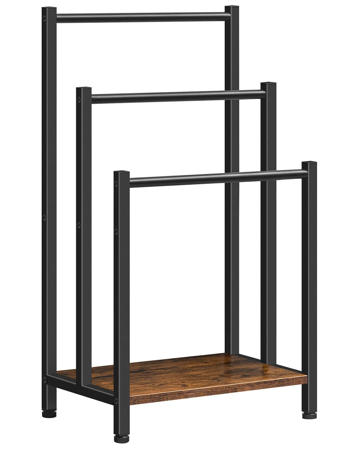 HOOBRO Free Standing Towel Rack, 3 Tier Blanket Rack, Blanket Holder for Bathroom, 16.9" L x 11" W x 31.9" H, Industrial Metal Drying and Display Rack with Shelf, Rustic Brown and Black BF03LB01