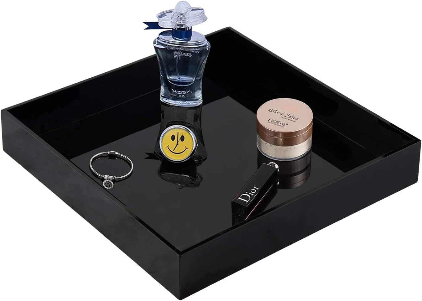 Waterproof Acrylic Vanity Tray, Remote Control Sturdy Valet Tray Organizer, Lucite Nightstand Dresser or Bathroom Organizer for Change, Coin, Key, Phone, Glasses, (Black-10x10inch )