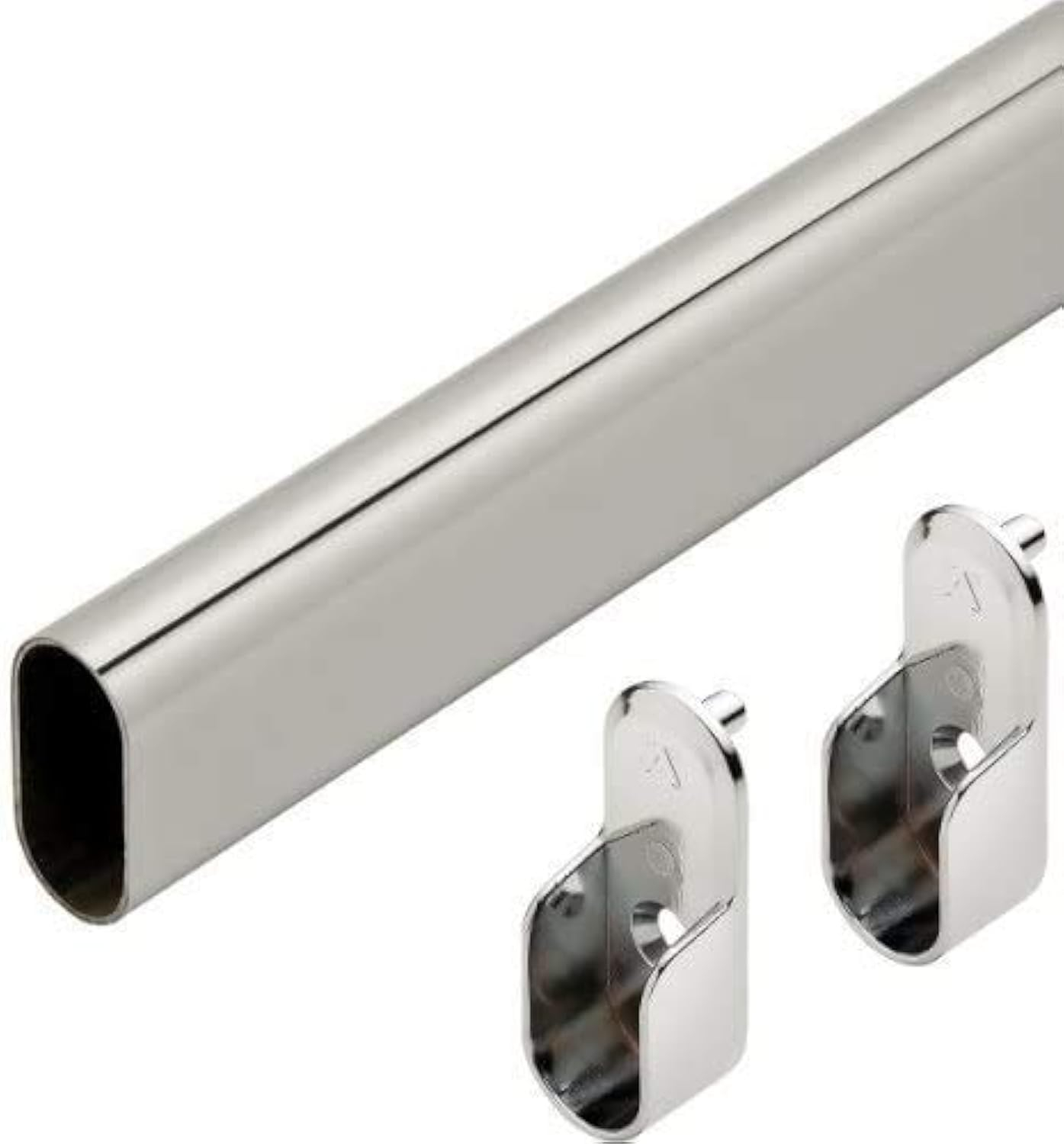 Oval Wardrobe Tube Polished Chrome Closet Rod W/End Supports, Welded Steel, 1.0mm Thick Chrome-Plated (1, 24")