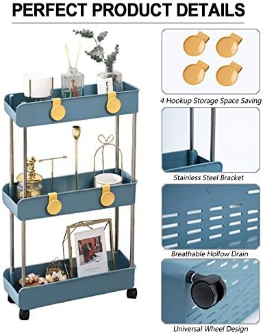 Melody House 3-Tier Slim Mobile Shelving Unit on Wheels, Slide Out Rolling Bathroom Storage Organizer, Utility Carts Shelf Rack for Kitchen Bathroom Laundry Room Narrow Places, Navy Blue