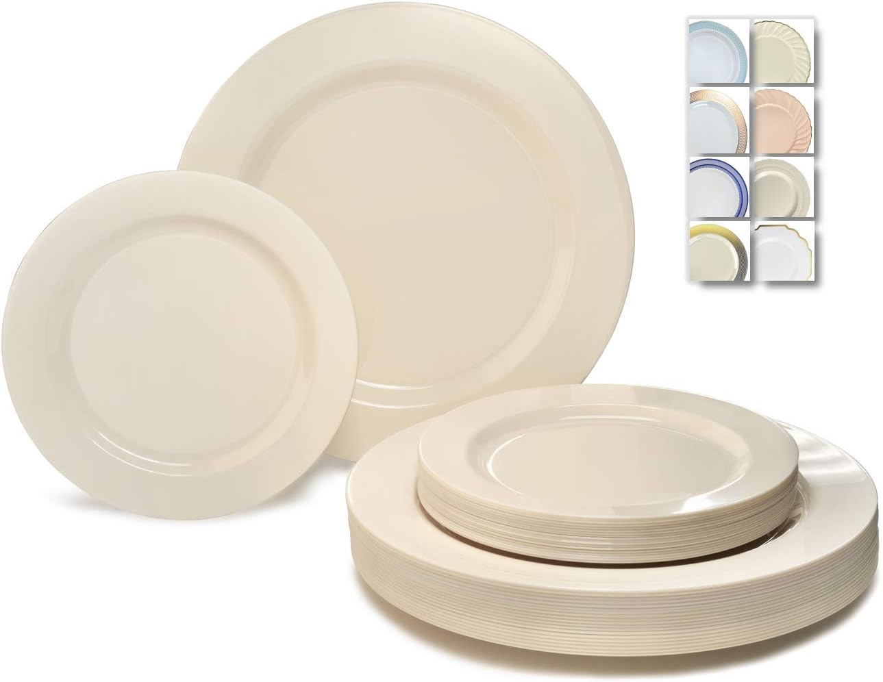 " OCCASIONS " 50 Plates Pack (25 Guests)-Heavyweight Wedding Party Disposable Plastic Plate Set -25 x 10.5'' Dinner + 25 x 7.5'' Salad/Dessert plates (Plain Ivory)