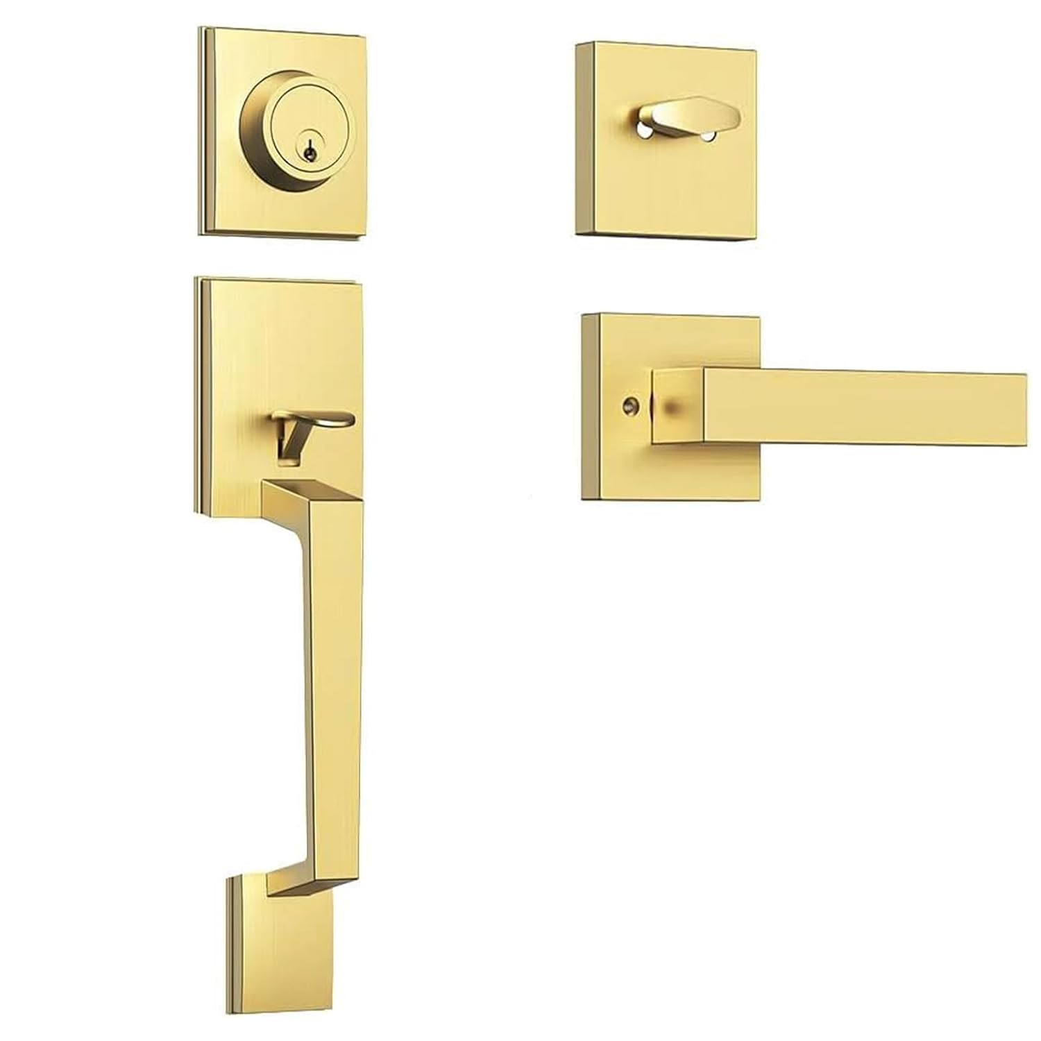Front Door Lock Set - Exterior Door Handle Set with Deadbolt Door Lock Single Cylinder Interior Entry Handle with Lever Reversible Left & Right Gold