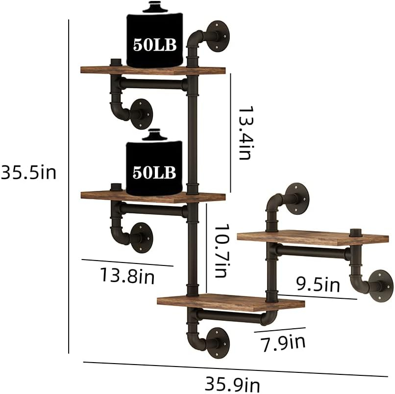 Industrial Floating Pipe Wall Mounted Shelves Rustic Modern Wood Shelving Bookcase 4 Layer Ladder Hanging Bookshelf for Home Bathroom Office Kitchen Decor(D)