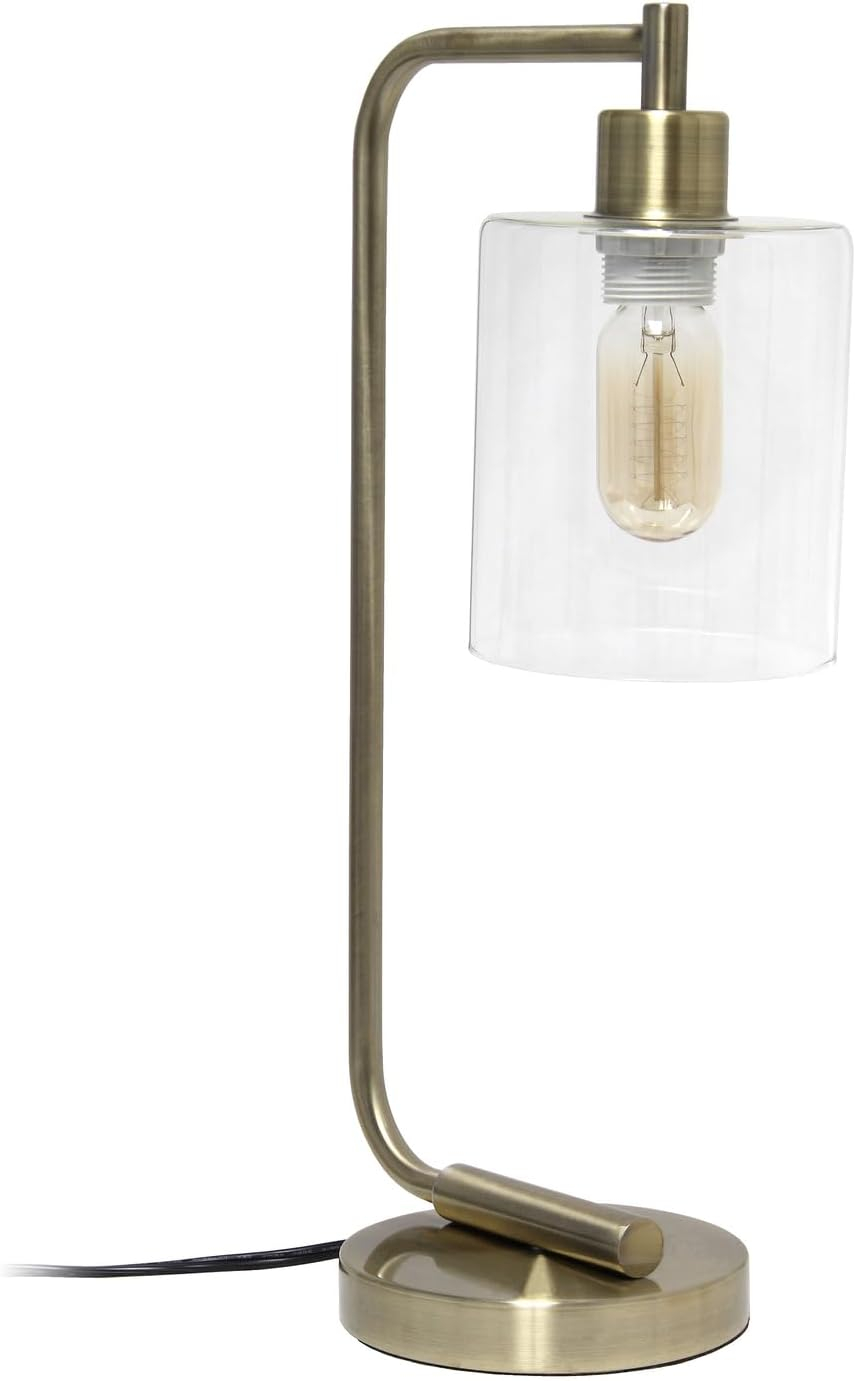 Simple Designs 18.8" Industrial Vintage Bronson Iron Desk Lamp with Glass Shade, Antique Brass