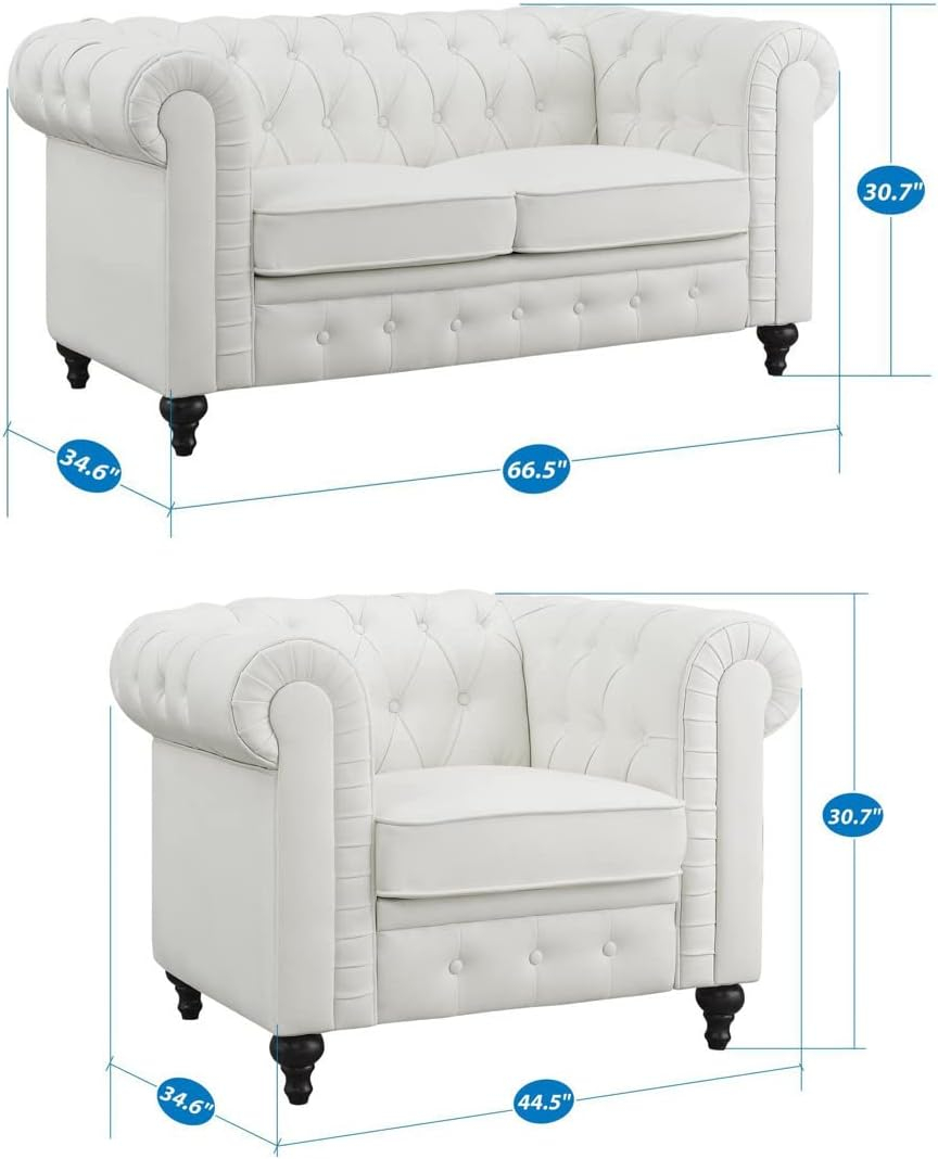 2 Piece Living Room Set, Faux Leather Chesterfield Loveseat & Chair, Deep Button Tufted with Rolled Arms, Home Furniture - Include 3-Seater Couch and Single Chair, White