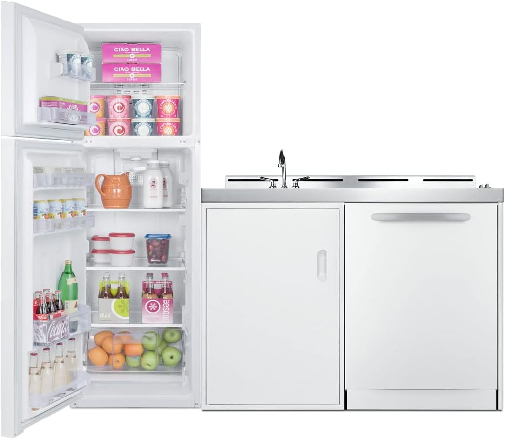 All-in-one combination kitchenette with full-sized refrigerator-freezer, dishwasher, sink, storage cabinet, and 2-burner coil cooktop