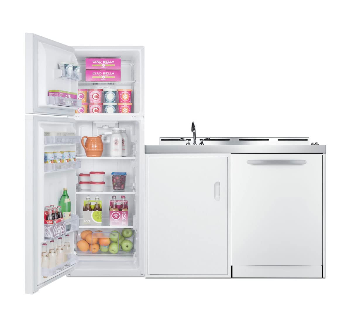 All-in-one combination kitchenette with full-sized refrigerator-freezer, dishwasher, sink, storage cabinet, and 2-burner coil cooktop