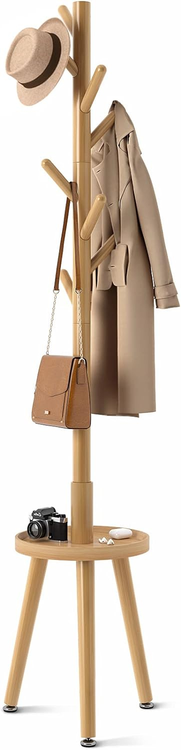 GREENSTELL Coat Rack with 8 Hooks, Wooden Coat Rack Freestanding with Shelf, Coat Tree with 4 Height Options 50.5"-72.6", Coat Hanger Stand for Bags, Clothes, Umbrellas, Hats, in Home, Natural