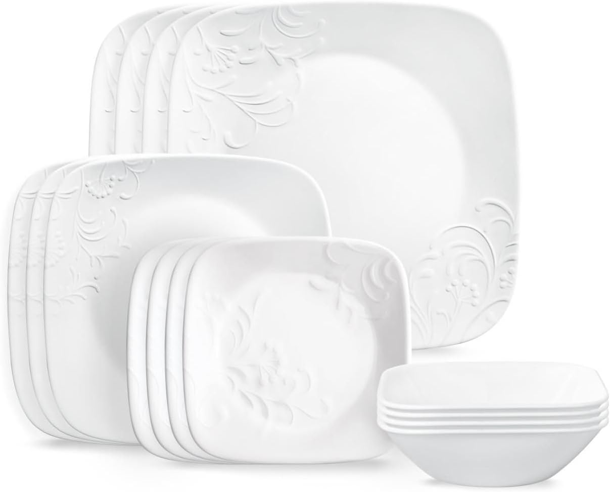 Corelle Cherish 16-Piece Embossed Square Glass Dinnerware Set (Service for 4)
