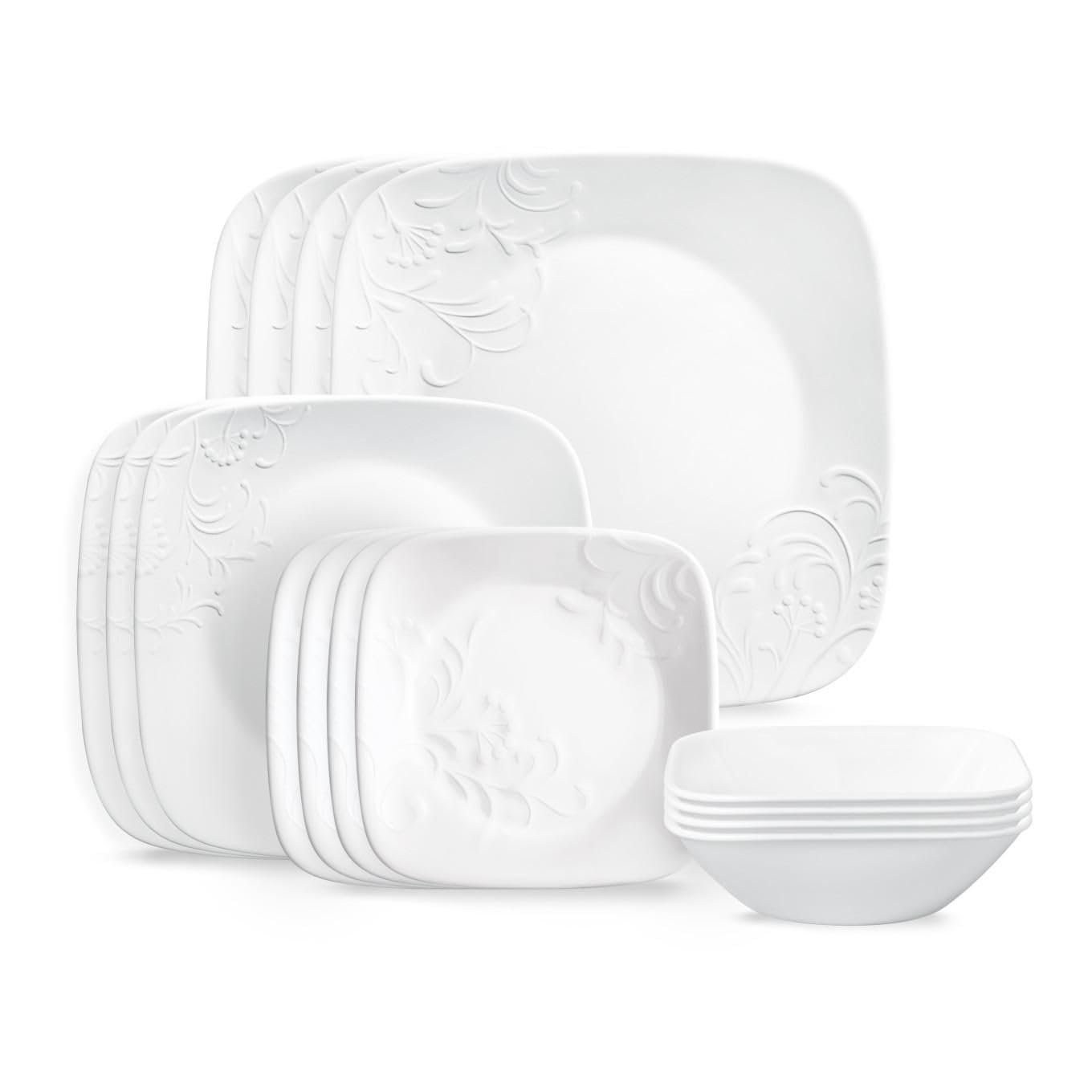 Corelle Cherish 16-Piece Embossed Square Glass Dinnerware Set (Service for 4)