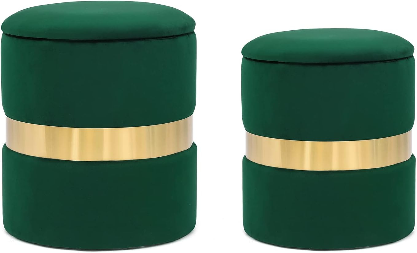 Green Velvet Round Storage Ottoman Set with Gold Accent
