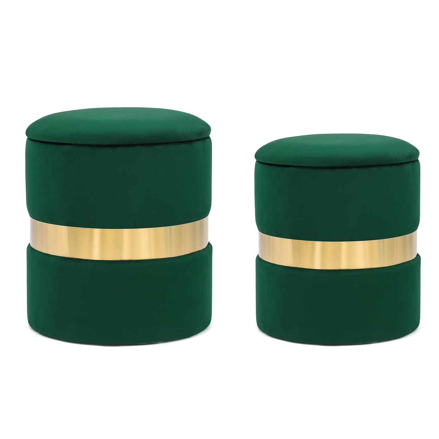 Green Velvet Round Storage Ottoman Set with Gold Accent