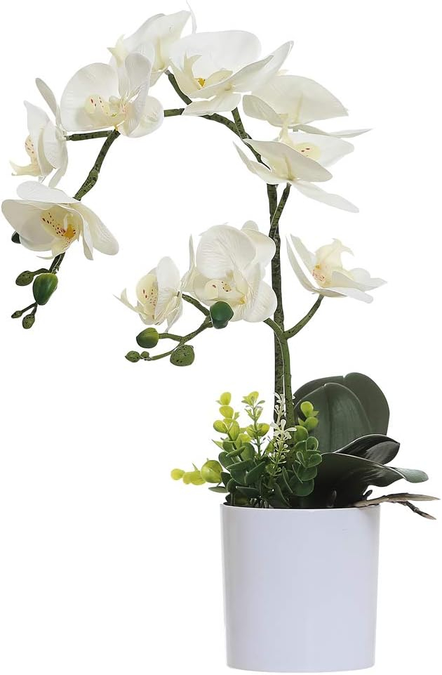 Omygarden White Orchid Artificial Flowers in Pot, Fake Plastic Orchid Flowers, Decoration for Home Office Wedding(White 2 Bouquets)