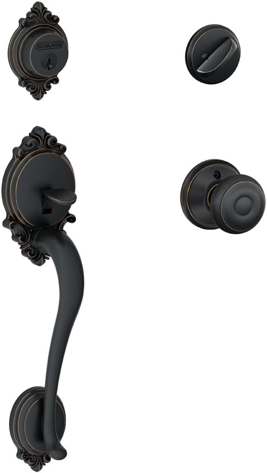 SCHLAGE Brookshire Single Cylinder Handleset and Georgian Knob, Aged Bronze (F60 BRK 716 GEO)