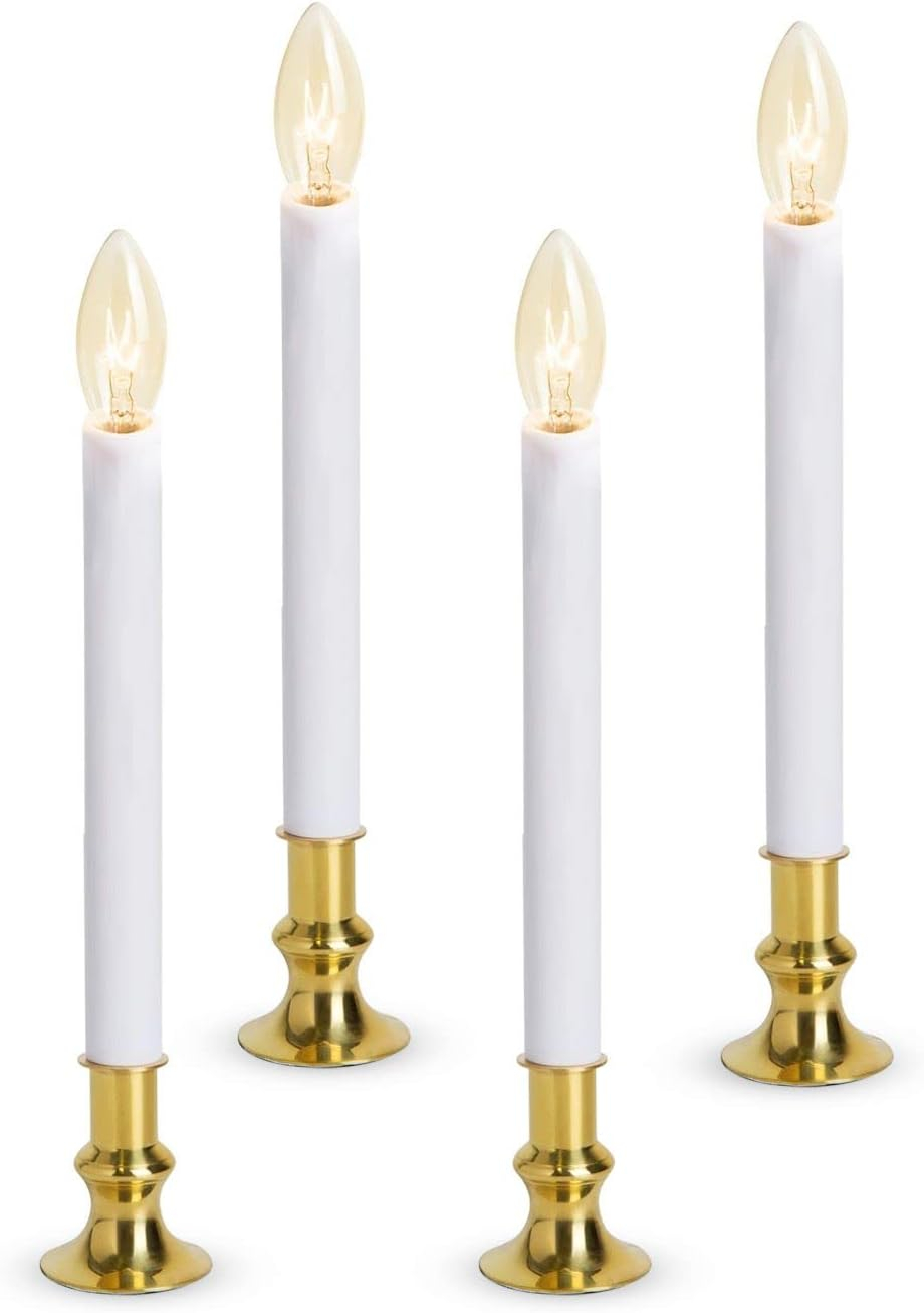 Electric Christmas Window Candle Lamp with Brass Plated Base, Dusk to Dawn | Auto Sensor | Turns Candle on in Dark and Off in Light, Ready to Use! | 4 Pack