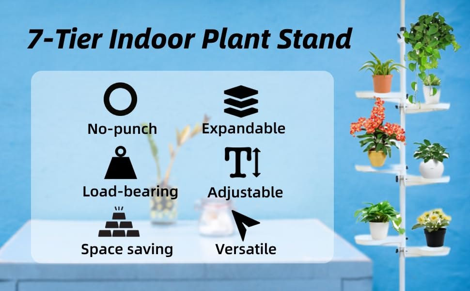 Adjustable Height 7 Layer Indoor Plant Stand, Spring Tension Pole Metal Free Stand Steel Tube Flower Display Rack, Space Saver Corner Floral Pot Hanger Shelf