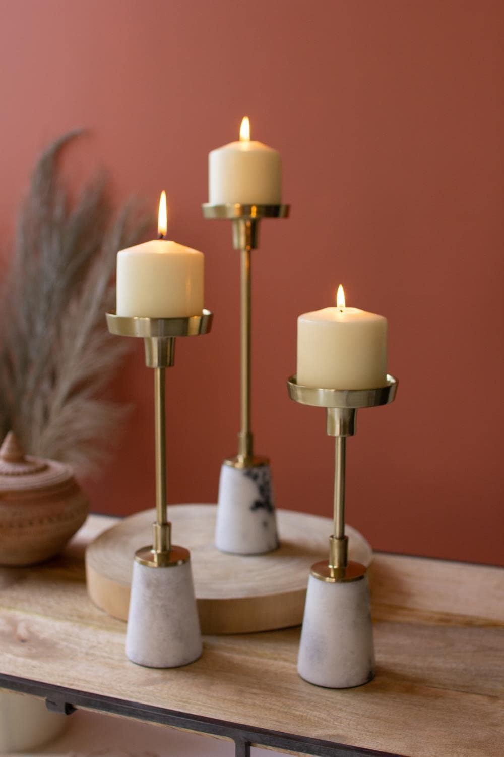 Gold Brass and Marble Pillar Candle Holders, Set of 3