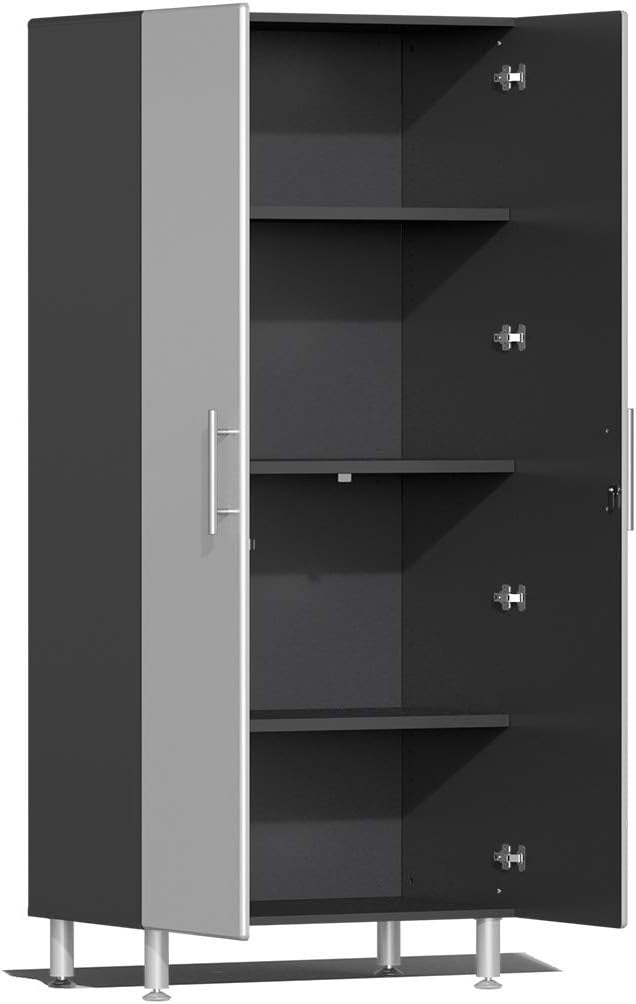 Tall Silver Metallic Freestanding Lockable Cabinet with Adjustable Shelving