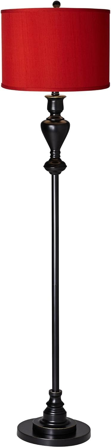 Traditional Black Bronze Floor Lamp with Red Metal Drum Shade