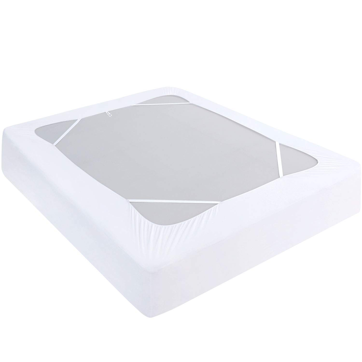 Box Spring Cover Queen Size, Elastic Fabric Wrap Around 4 Sides Bed Skirt, Sleek Alternative for Bed Skirts for Hotel/Home, Fits Box Springs up to 13”, White