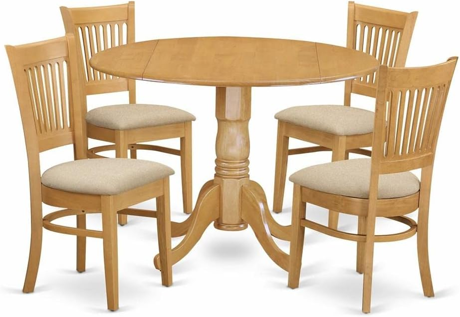 East West Furniture DLVA5-OAK-C Dublin 5PC Set - Round Table with two 9 in. Drop Leaves and 4 Vertical slat back microfiber seat chairs