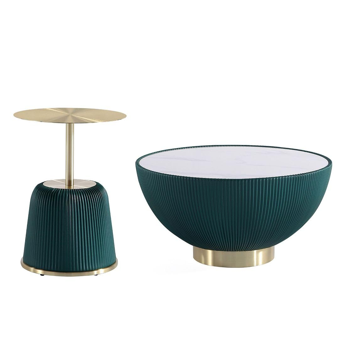 Manhattan Comfort 2pc Anderson Leatherette Upholstered Coffee Table and End Table with Metal Top Set Green: Gold Finish, No Assembly Required