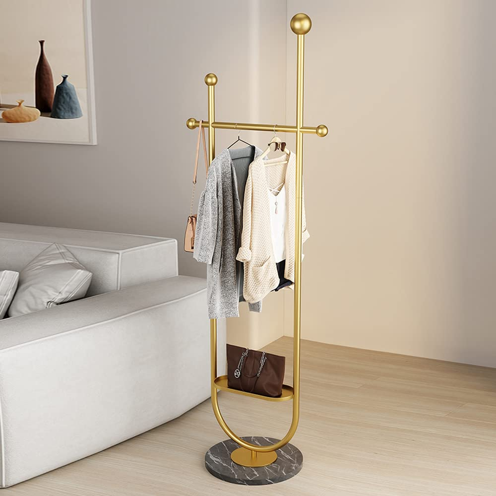 Gold Clothing Garment Rack with Marble Base and Tray, Modern Minimalist Hanging Clothes Rack, for Coats, Hats, Scarves and Handbags of Entryway, Hallway, Bedroom, Office（Golden）