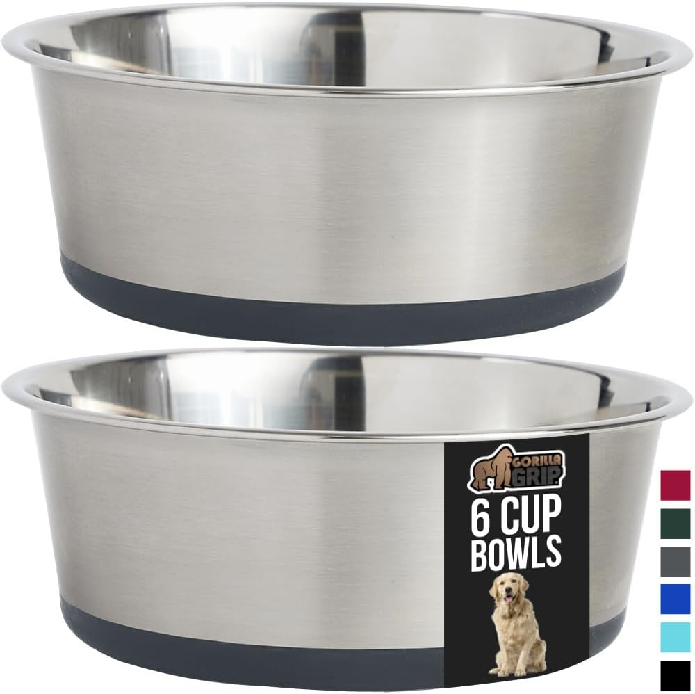 Dog Bowl Set of 2, Heavy Duty Stainless Steel Bowls by GORILLA GRIP, Holds 6 Cups, Gray