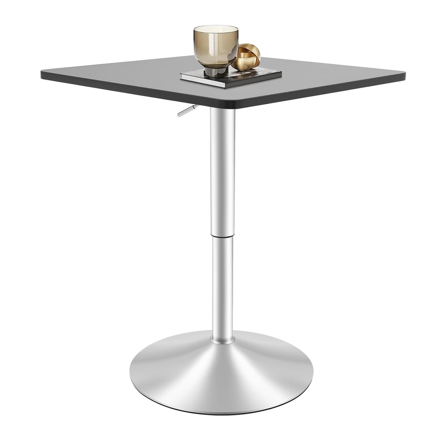 Square Bar Table, Modern Pub Table, 360° Swivel Cocktail Table, Adjustable Height with Black Top, Stainless Steel Leg and Base