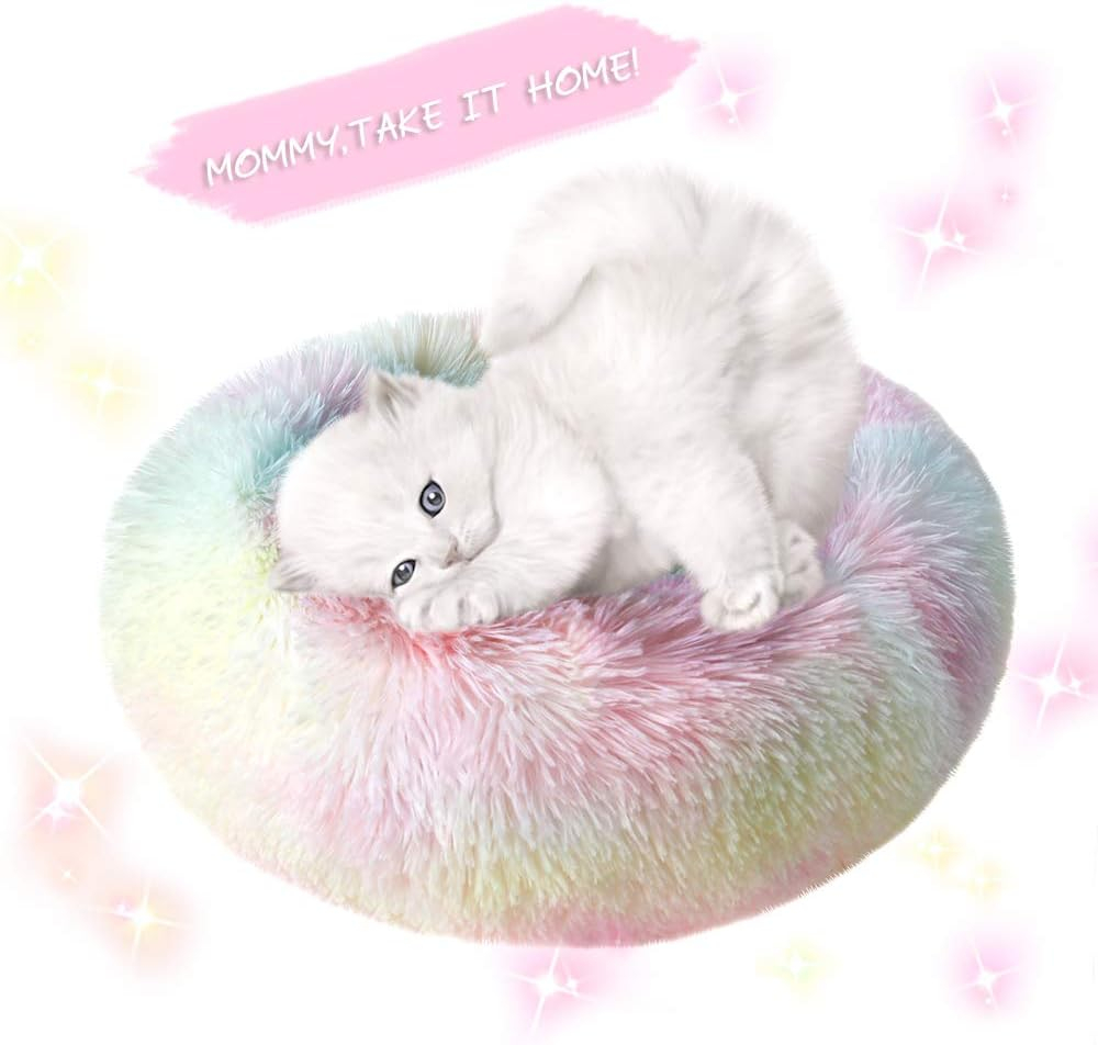 otoez Kitten Puppy Bed Extra Small XS Round Dog Cat Beds Anti Anxiety Plush Pet Calming Donut Bed with Non-Slip Waterproof Bottom, Washable (15.7", Rainbow)