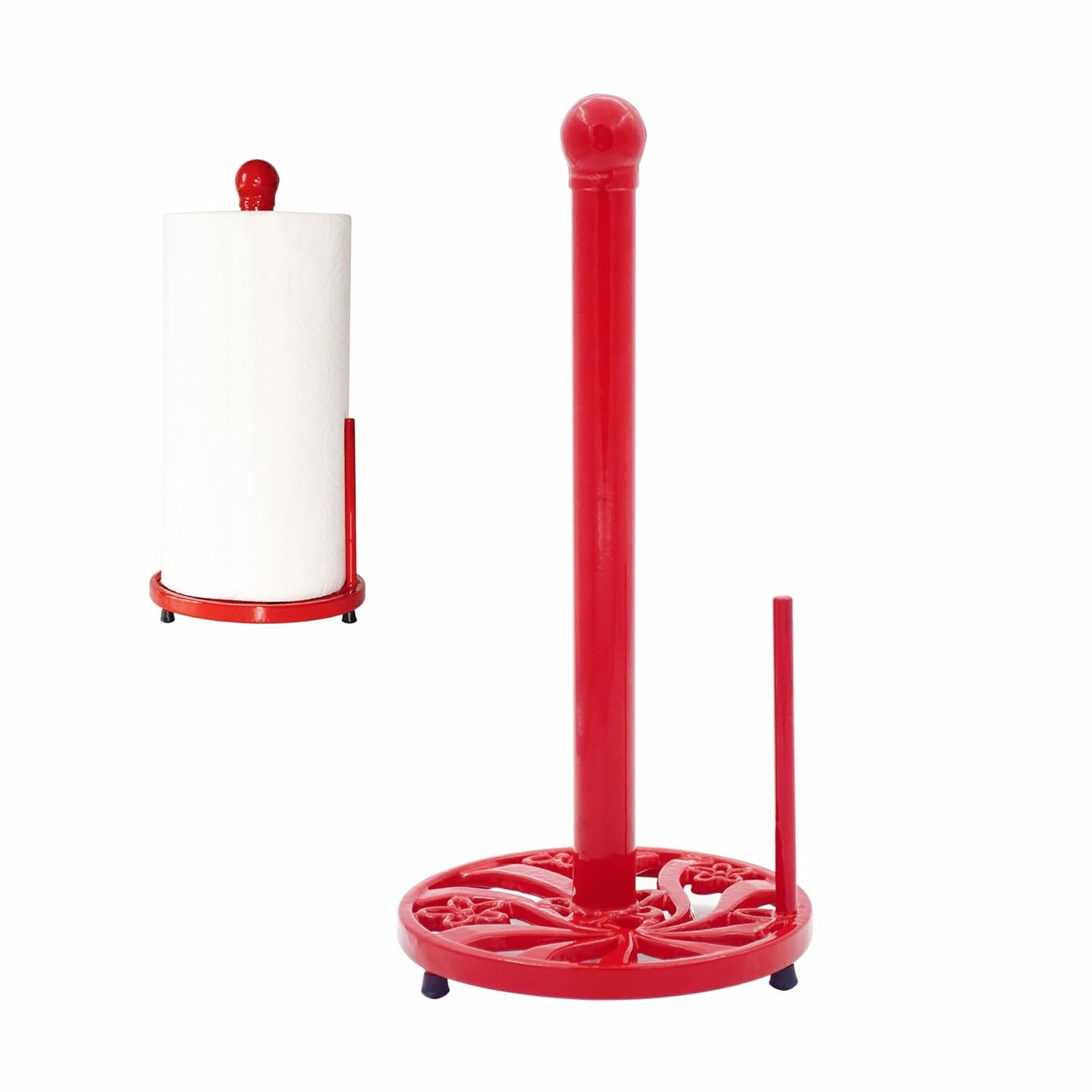 Vintage Paper Towel Holder Countertop - Cast Iron Standing Roll Paper Towel Dispenser with Elegant and Heavy Daffodil Pattern Base for Kitchen Décor, Red