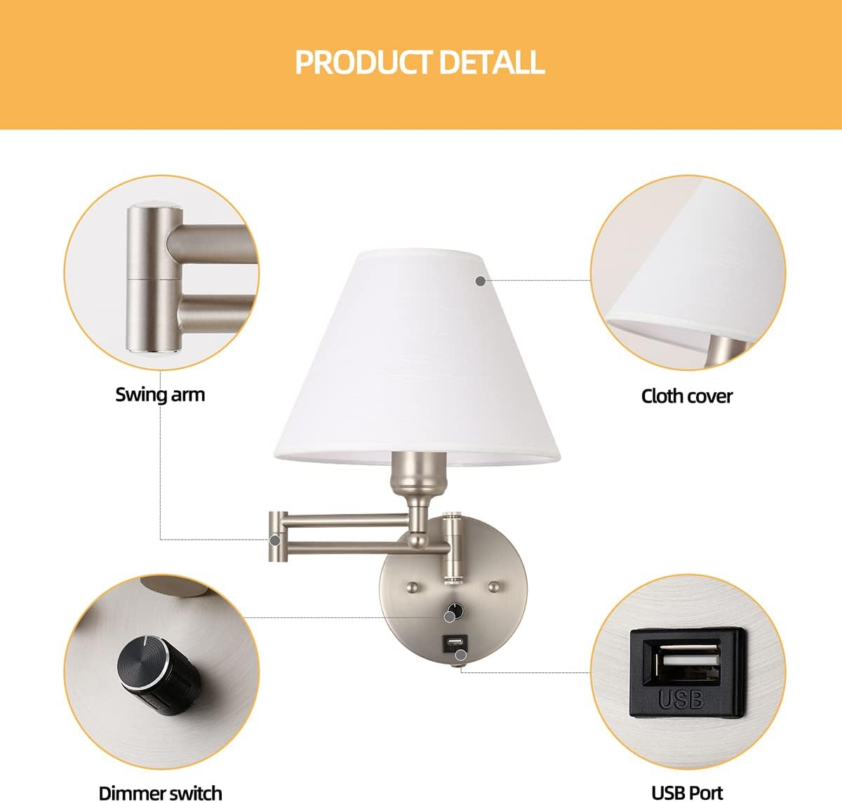 Swing Arm Wall Sconces, Plug-in Wall lamp,Bedroom Wall lamp ， White Fabric Shade，，with dimmable Switch and USB Charging Port, Suitable for Bedside, Living Room, Reading (Nickel)