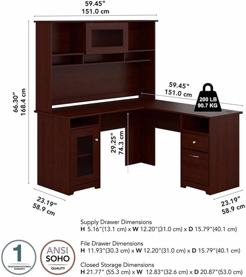 Bush Furniture Cabot 60" L Desk and Hutch with Storage, Harvest Cherry