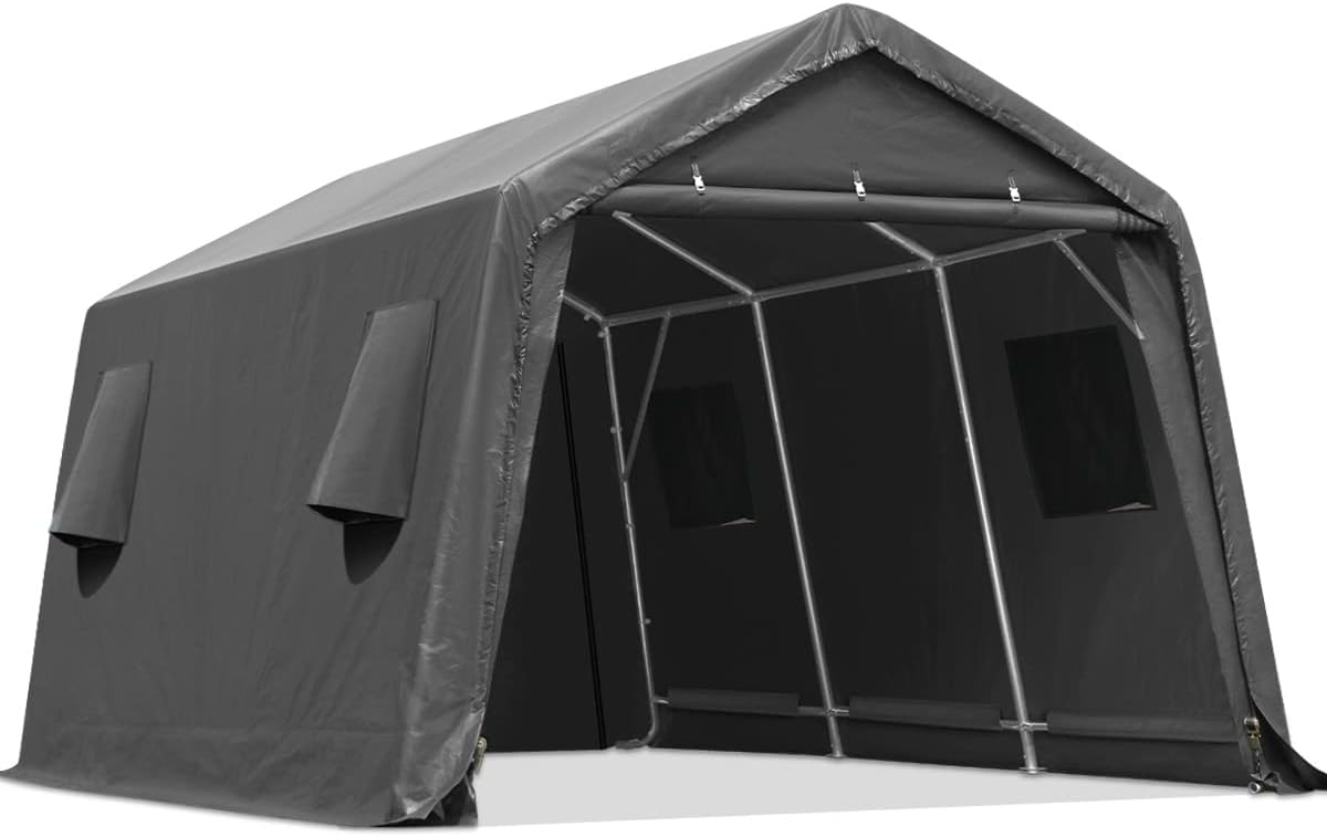 ADVANCE OUTDOOR 10x15 ft Outdoor Storage Shelter Shed with 2 Roll up Zipper Doors & Vents Peak Roof Carport for Motorcycle Waterproof and UV Resistant Anti-Snow, Gray