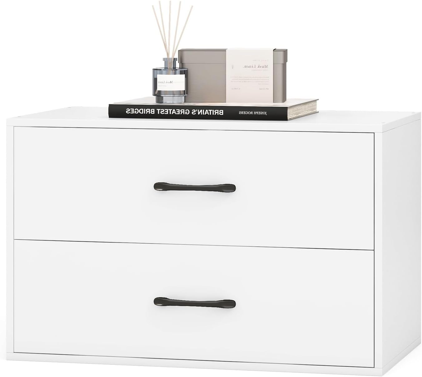 LOKO 2-Drawer Stackable Dresser, Lateral File Cabinet with Metal Handle, Horizontal Storage Cabinet with Anti-Topping Kits, Stacking Drawer Chest for Living Room, Study, Office (1, White)