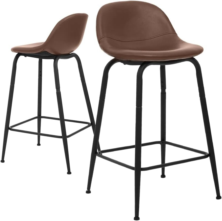 CangLong Faux Leather Back and Footrest Modern Counter Stool Chair Height for Pub Coffee Home Dinning Kitchen, Set of 2, Brown
