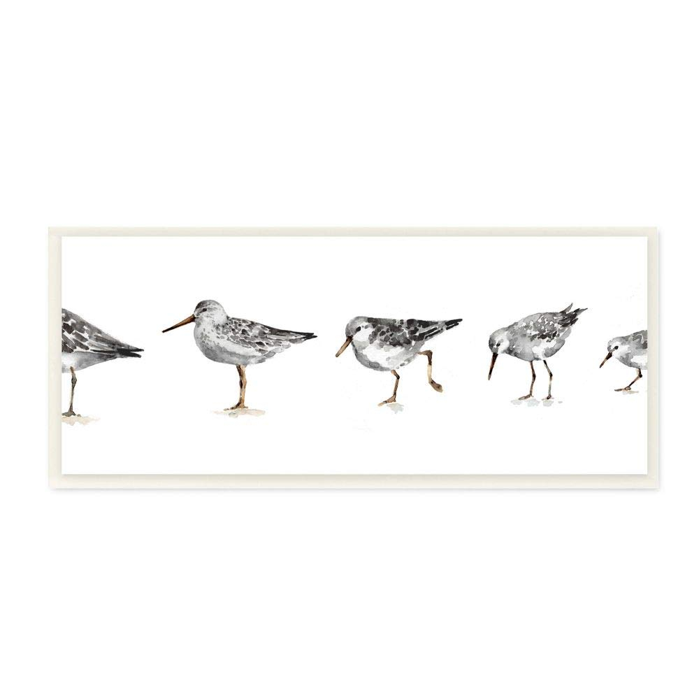 "Sandpiper Bird Stances Minimal Grey White Painting" by Lisa Audit Unframed Animal Wood Wall Art Print 7 in. x 17 in.