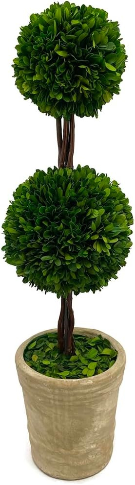 Modern Home 27" Real Preserved Boxwood Topiary Plant – Double Ball Faux Greenery in Rustic Pot – Indoor Outdoor Decorative Potted Plant for Home, Office, Porch, Patio, or Event Décor