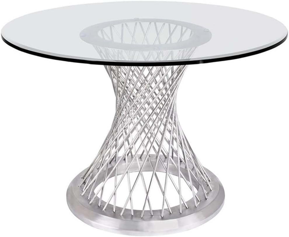 Armen Living Calypso Contemporary Dining Table in Brushed Stainless Steel with Clear Tempered Glass Top
